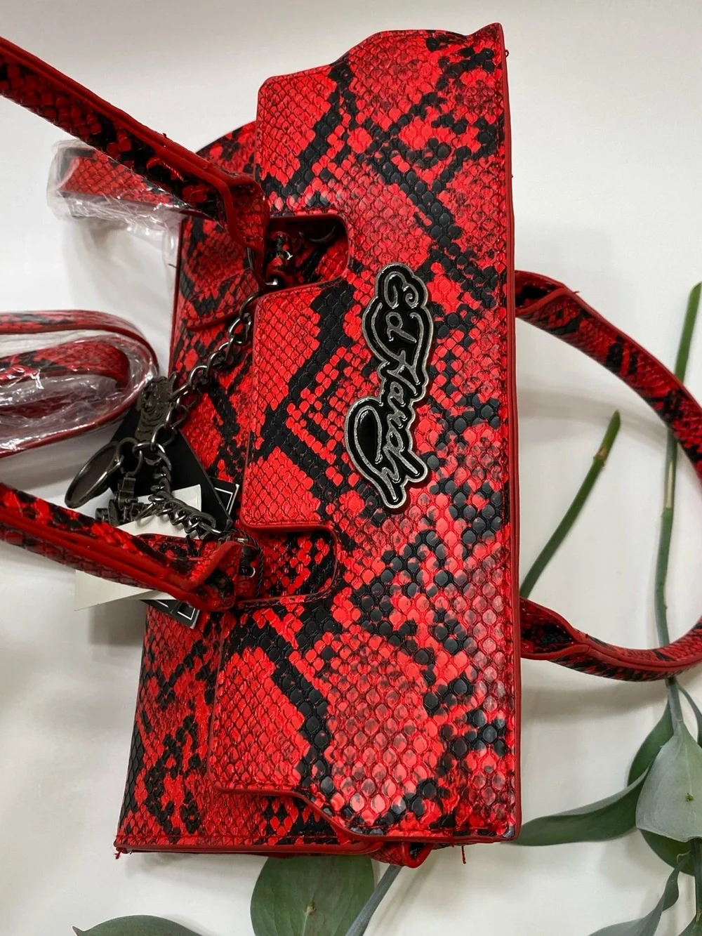 Ed Hardy Red and Black Snake-Print Top Handle Satchel